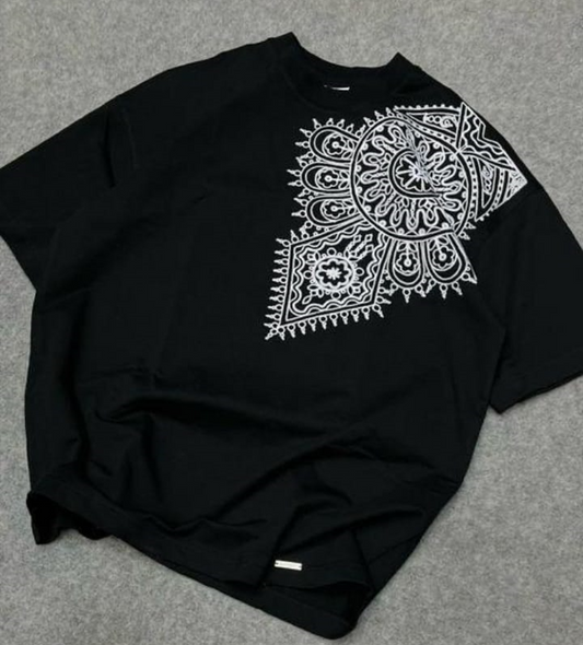 Asymmetric Tribal Graphic T-Shirt – Midnight Black