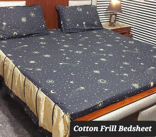 Galaxy Night Cotton Frill Bedsheet – Double Size (3 Piece Set)