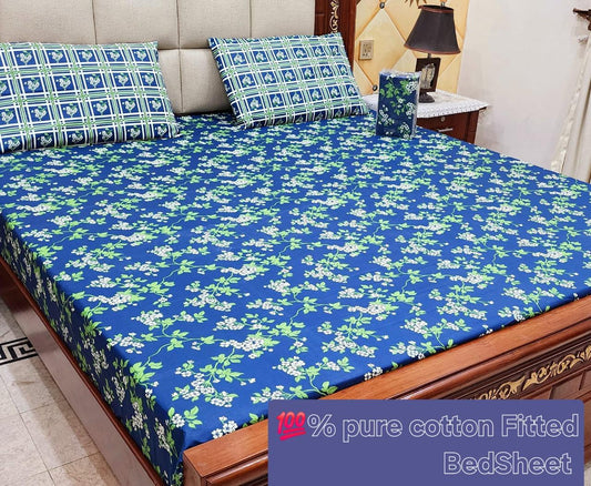 Fresh Blossom Fitted Bedsheet – 100% Pure Cotton (3 Piece Set)