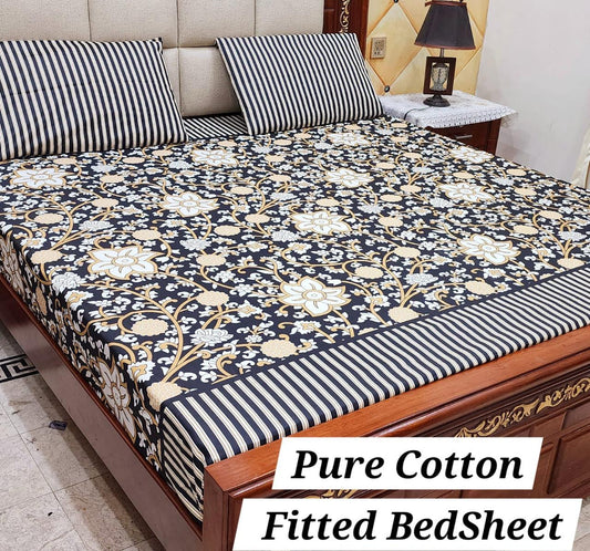 Royal Noir Fitted Bedsheet – Pure Cotton Luxury (3 Piece Set)
