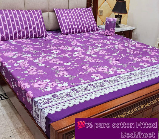 Lavender Bloom – 100% Cotton Fitted Bedsheet Set (3-Piece)