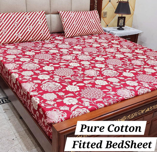 Crimson Garden – 100% Cotton Fitted Bedsheet Set (3-Piece)