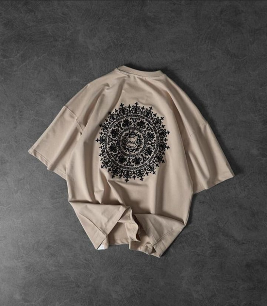Mandala Emblem Oversized T-Shirt – Sand Beige