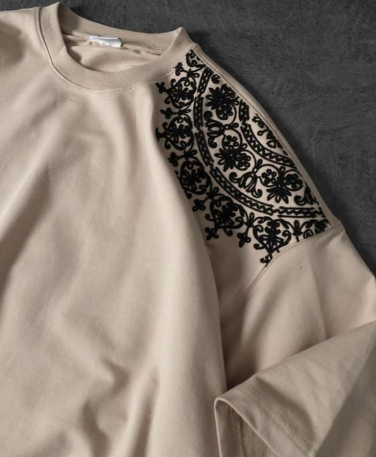 Mandala Emblem Oversized T-Shirt – Sand Beige